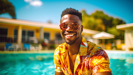 Portrait of happy african american man in sunglasses at swimming poolの素材