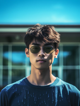 Portrait of a handsome young man wearing sunglasses and looking at cameraの素材