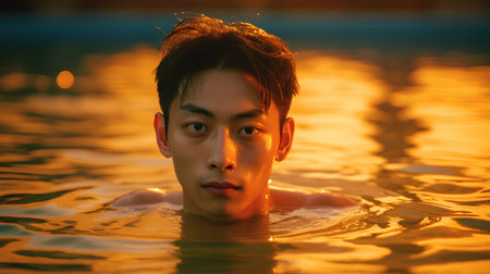 Portrait of a young asian man in swimming pool at sunsetの素材