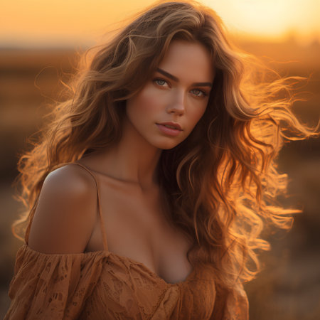 Portrait of beautiful young woman with long curly hair on sunset backgroundの素材