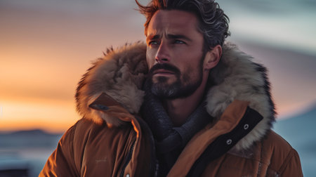 Portrait of a handsome man in winter coat. Men's beauty, fashion.の素材