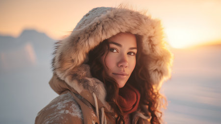 Portrait of a beautiful young woman in winter clothes. Sunset.の素材