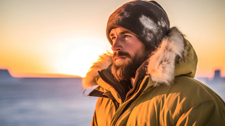 Handsome bearded man in warm jacket and hat looking at sunriseの素材
