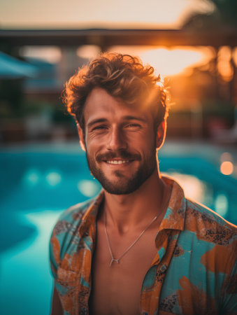 Portrait of handsome young man smiling and looking at camera near swimming poolの素材