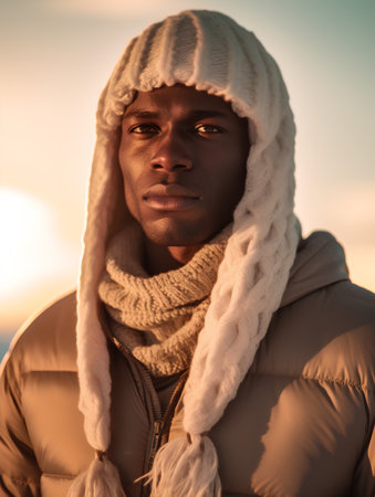 Portrait of a young african american man wearing warm clothing outdoors.の素材