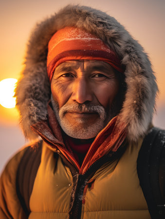 Portrait of an elderly man in winter clothes on the background of the setting sun.の素材