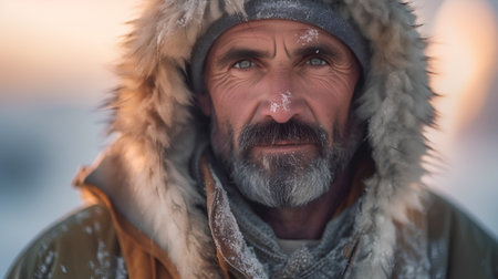 Portrait of an old man with a beard and mustache on a winter backgroundの素材
