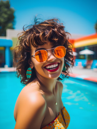 Portrait of a beautiful young woman in sunglasses at the swimming poolの素材