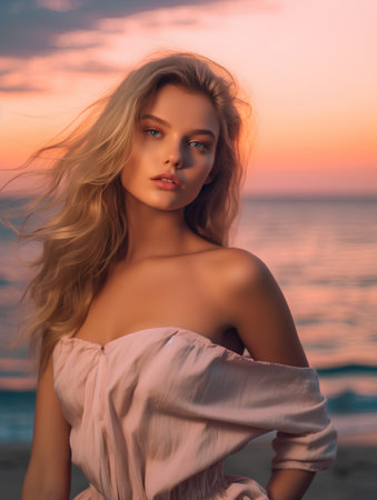 Portrait of beautiful young woman on the beach at sunset. Beauty, fashion.の素材