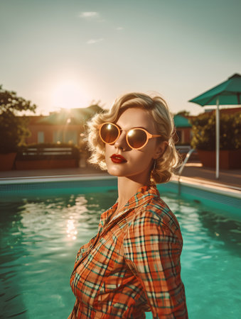 Fashionable young woman in sunglasses and checkered shirt standing near swimming pool on sunny dayの素材