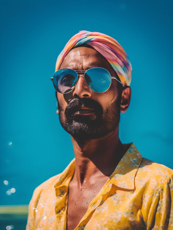 Portrait of a handsome Indian man wearing sunglasses and colorful headscarf on the beachの素材