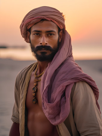 Handsome Indian man in turban and shirt at sunset.の素材