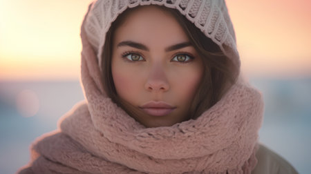 Portrait of a beautiful girl in a warm hat and scarf.の素材