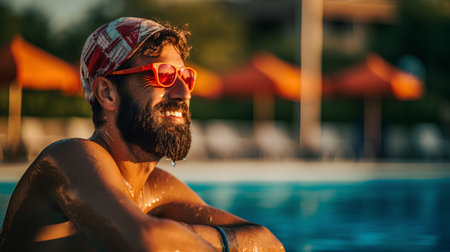 Portrait of a handsome bearded man in sunglasses and a turban sitting at the edge of swimming poolの素材
