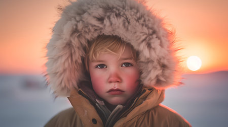 Portrait of a little boy in winter clothes against the background of the sunsetの素材