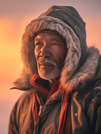 Portrait of an old man in winter clothes on the background of the setting sunの素材