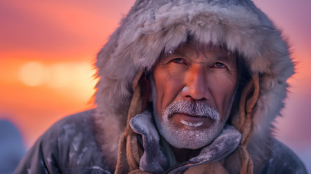 Portrait of an old man in winter clothes on the background of the sunsetの素材