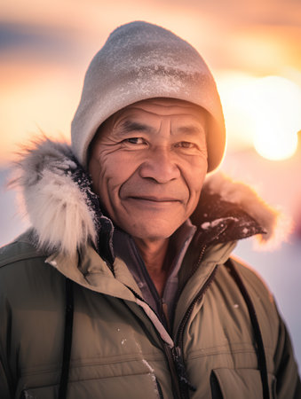 Portrait of senior asian man in winter clothes outdoor at sunsetの素材