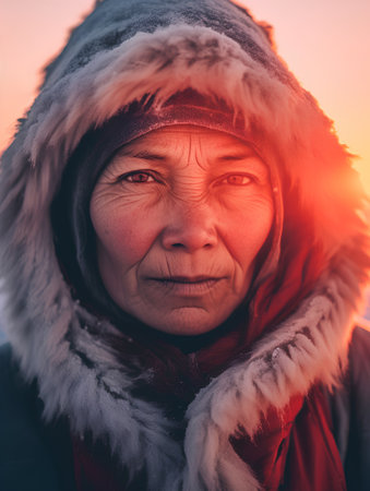 Portrait of an elderly Asian woman in winter clothes at sunset.の素材
