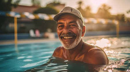 Portrait of an elderly man in the swimming pool at sunset.の素材