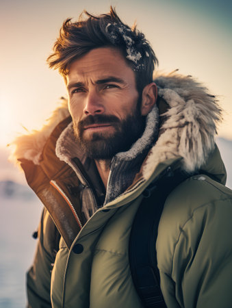 Handsome bearded man in a warm jacket and scarf on the beach at sunsetの素材