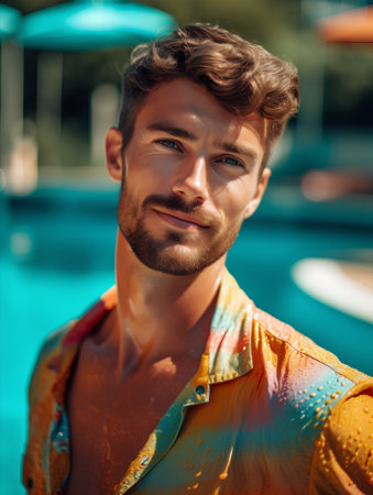 Handsome young man in swimsuit looking at camera while standing near swimming poolの素材
