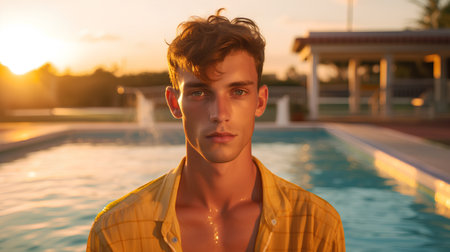 Handsome young man in yellow shirt near swimming pool at sunsetの素材