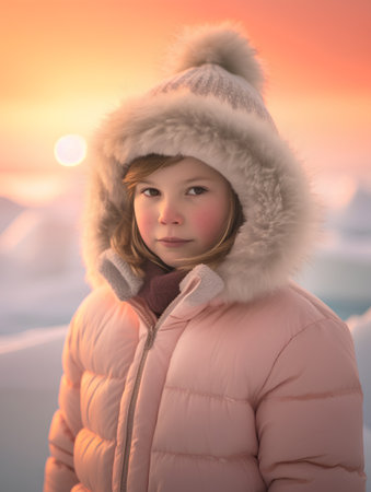 Portrait of a beautiful little girl in a pink jacket on the background of the winter landscape.の素材