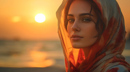 Portrait of a beautiful young woman in a headscarf on the beach at sunsetの素材