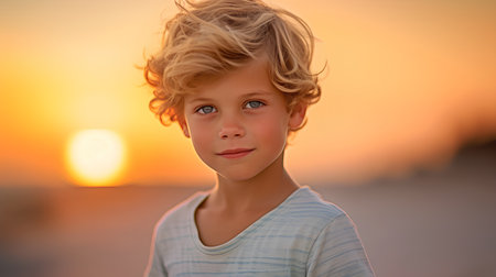 Portrait of a cute little boy on the beach at sunset.の素材
