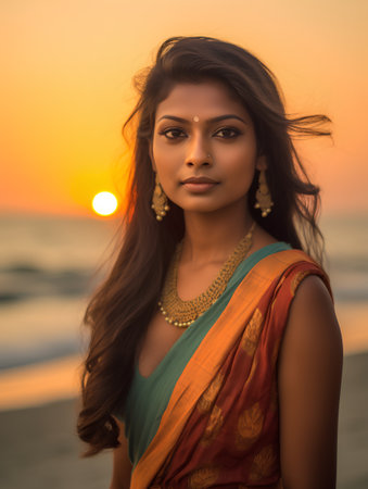 Beautiful indian woman in saree on the beach at sunsetの素材