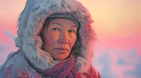 Portrait of a senior woman in winter clothes against the background of the winter landscape.の素材