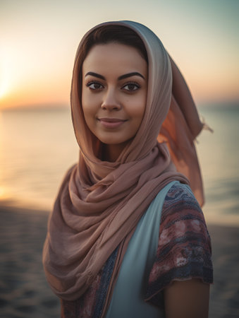 Portrait of a beautiful young muslim woman wearing a headscarf on the beach at sunsetの素材