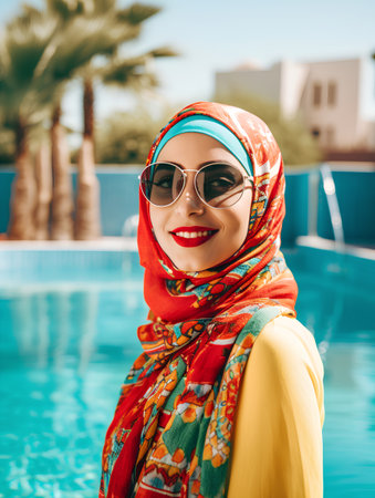 Portrait of beautiful young muslim woman in sunglasses and red headscarf standing near swimming pool.の素材