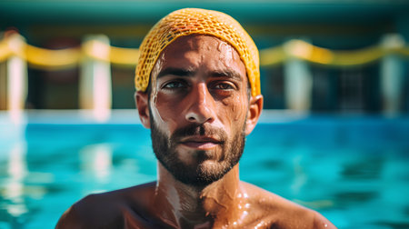 Portrait of a man in a swimming pool with a yellow cap.の素材