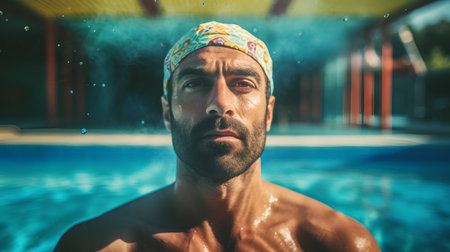 Portrait of a man in a turban and cap at the swimming poolの素材