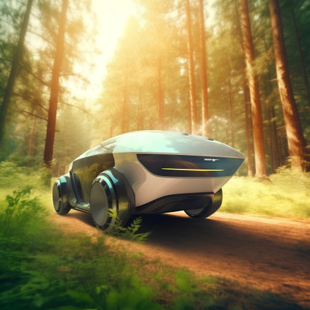 Futuristic car on the road in the forest. 3d renderの素材