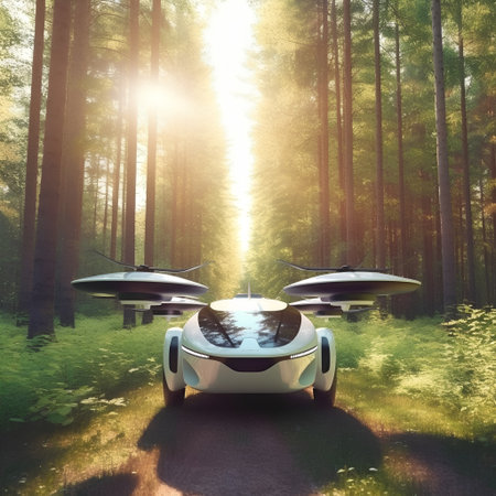 3d rendering of a sport car on the road in the forestの素材