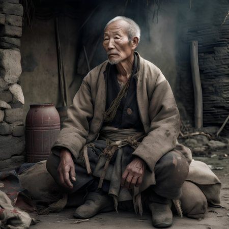 Old man in traditional clothes sitting on the ground and looking at cameraの素材