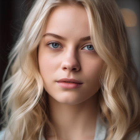 Portrait of a beautiful young woman with blond hair and blue eyesの素材