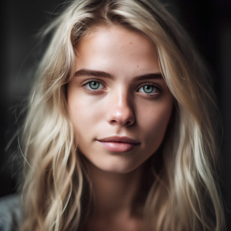 Portrait of a beautiful young woman with blond hair and blue eyesの素材