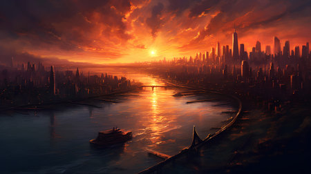 Dramatic sunset over the city and river. 3d renderingの素材