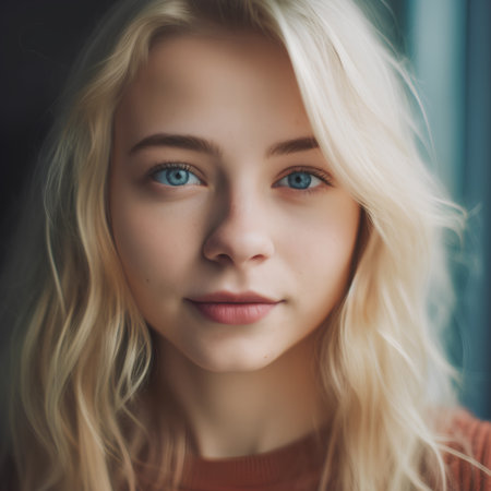 Portrait of a beautiful young woman with blond hair and blue eyesの素材