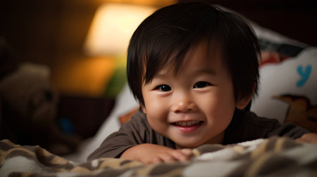 Portrait of cute asian baby girl lying in bed and smilingの素材