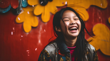 Portrait of happy little asian girl laughing against colorful background.の素材