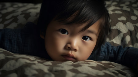 Portrait of cute asian little girl lying on bed at homeの素材