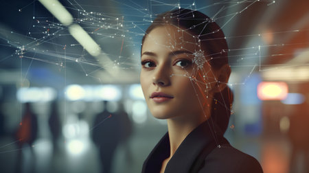Double exposure of businesswoman and network connection. Future technology concept.の素材