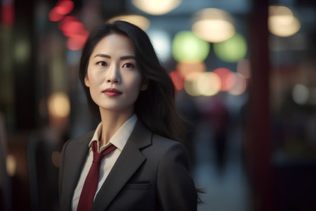 portrait of asian business woman standing in the city at nightの素材
