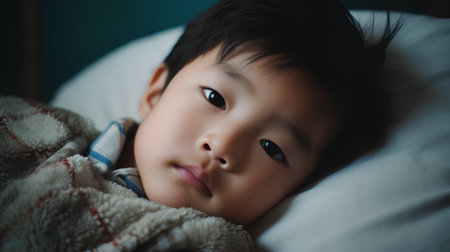 Cute asian little boy lying in bed and looking at cameraの素材