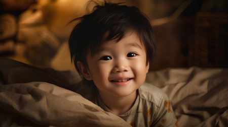 Cute asian baby boy smiling on bed in the morning.の素材